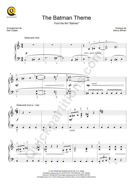 Batman Theme (Film) Easy Piano Sheet Music - Danny Elfman