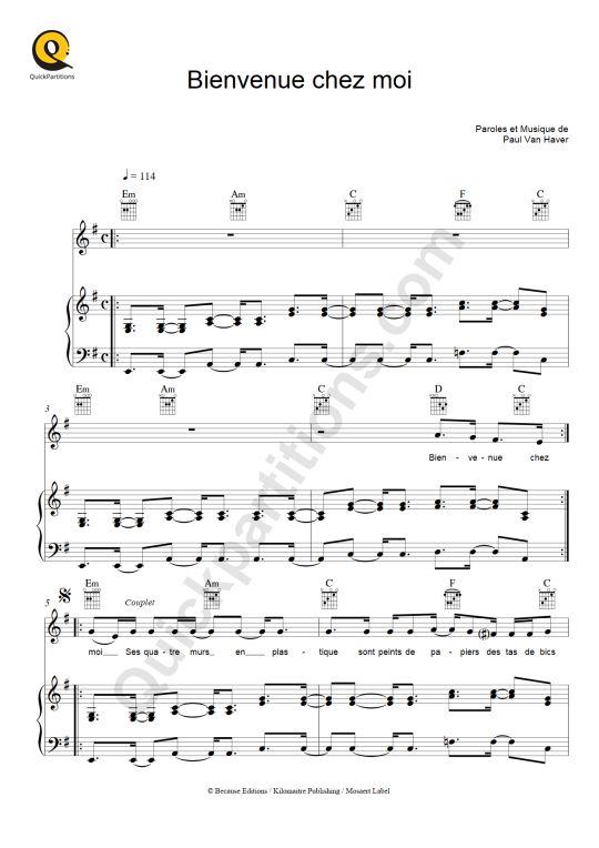 Bienvenue chez moi Piano Sheet Music - Stromae (Digital Sheet Music)