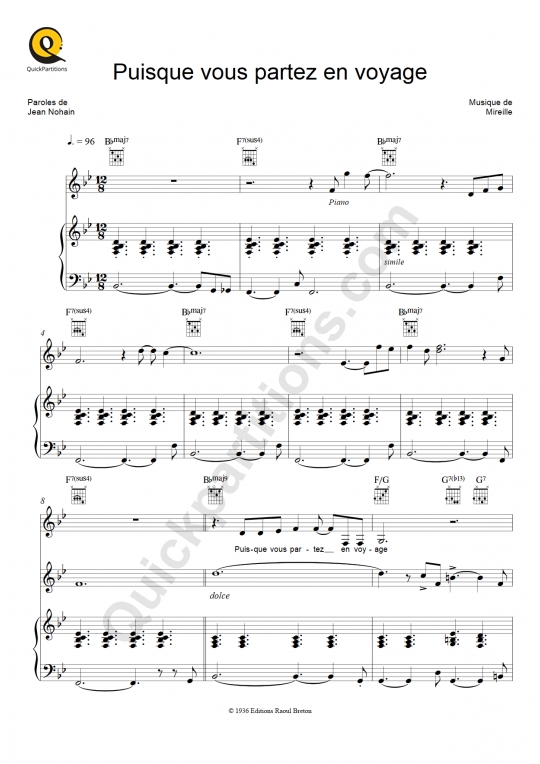 Puisque vous partez en voyage Piano Sheet Music - Françoise Hardy