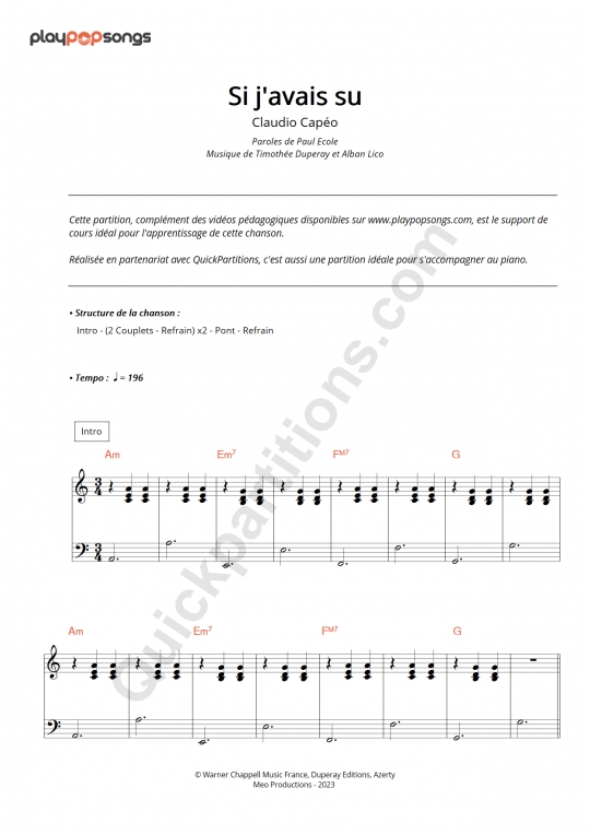 Support de cours Si j'avais su - PlayPopSongs