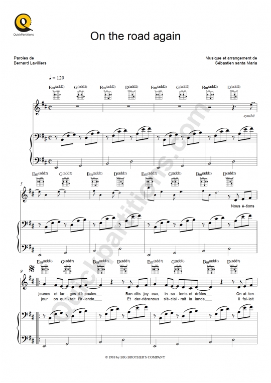Partition piano On the road again - Bernard Lavilliers