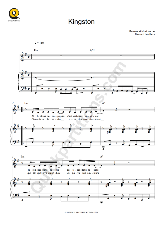 Partition piano Kingston - Bernard Lavilliers