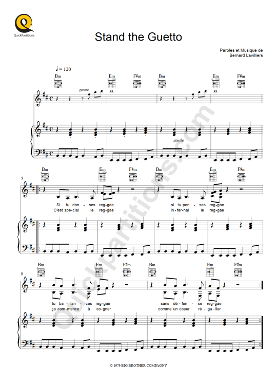 Partition piano Stand the Guetto - Bernard Lavilliers