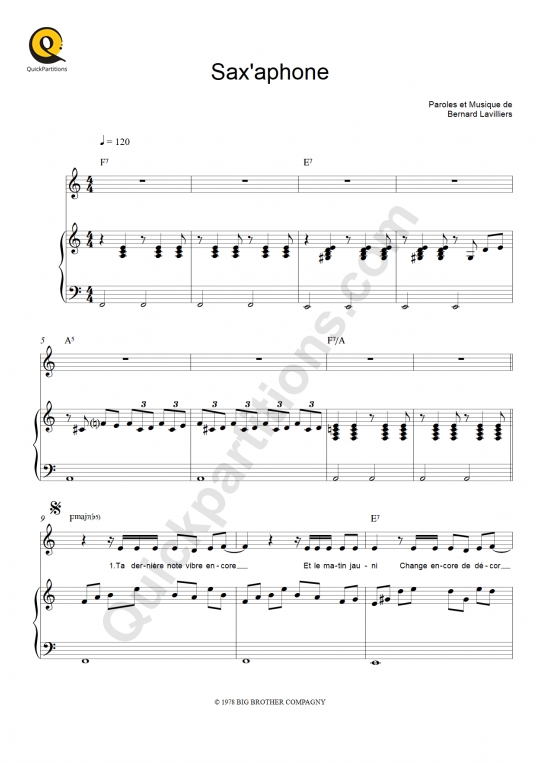 Partition piano Sax'aphone - Bernard Lavilliers