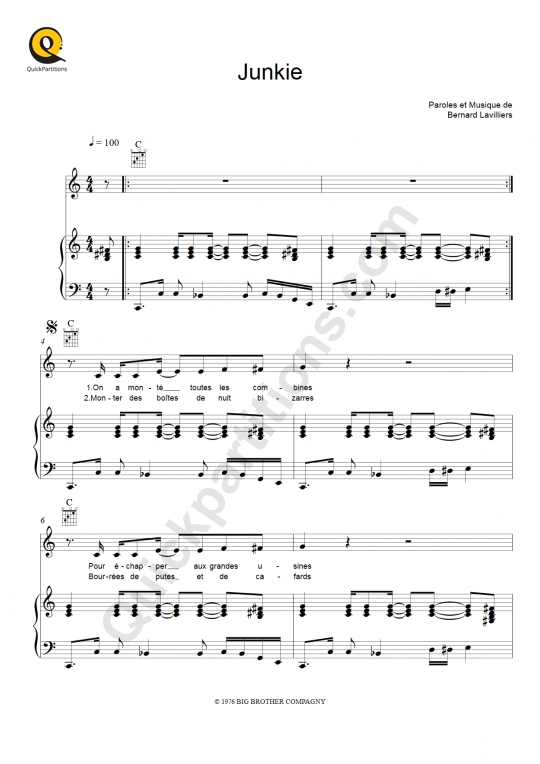 Partition piano Junkie - Bernard Lavilliers