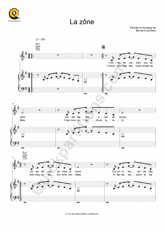 Partition piano La zône - Bernard Lavilliers