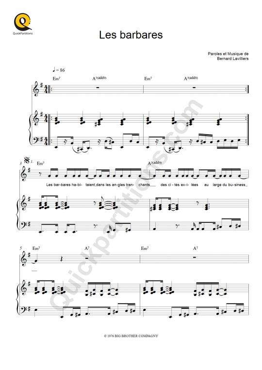 Partition piano Les barbares - Bernard Lavilliers
