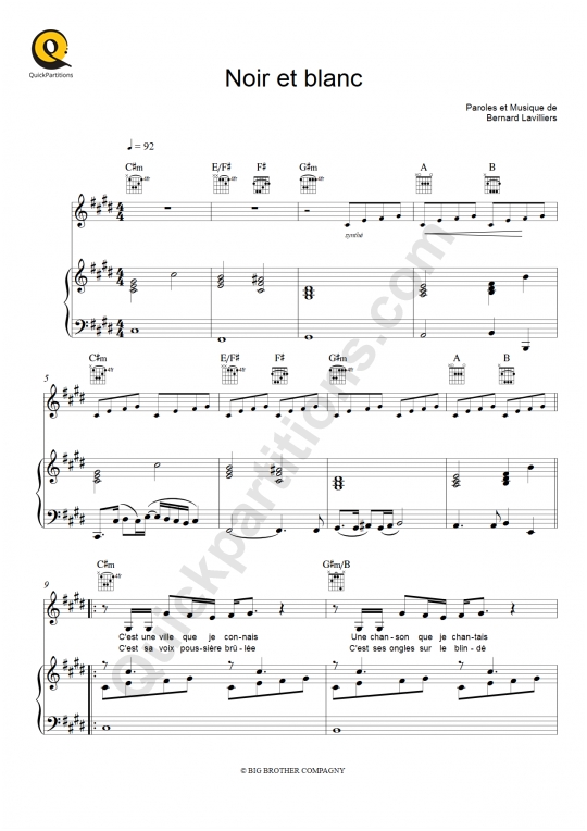 Partition piano Noir et blanc - Bernard Lavilliers