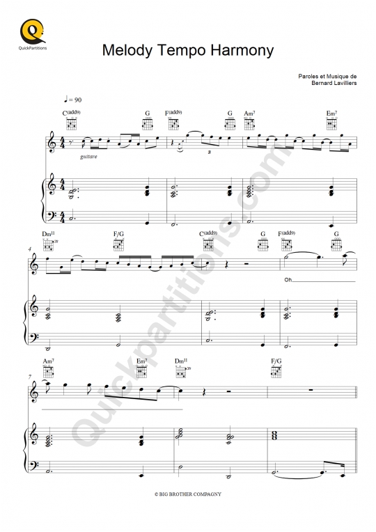 Partition piano Melody Tempo Harmony - Bernard Lavilliers