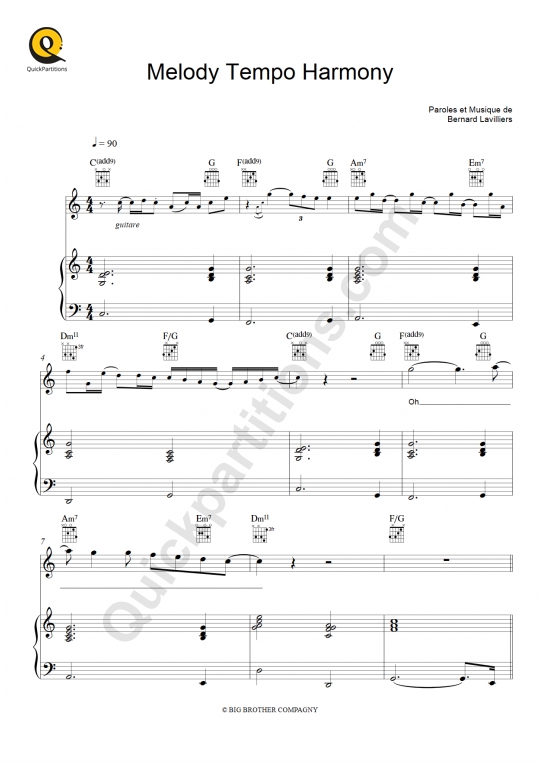 Melody Tempo Harmony Piano Sheet Music - Bernard Lavilliers