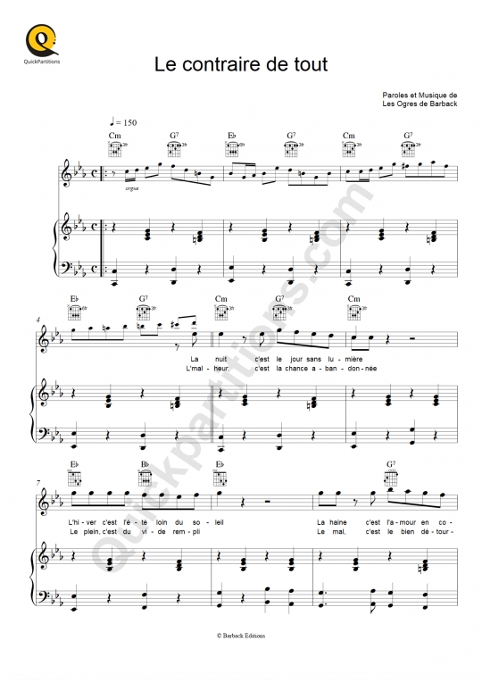 Partition piano Le contraire de tout - Pitt Ocha