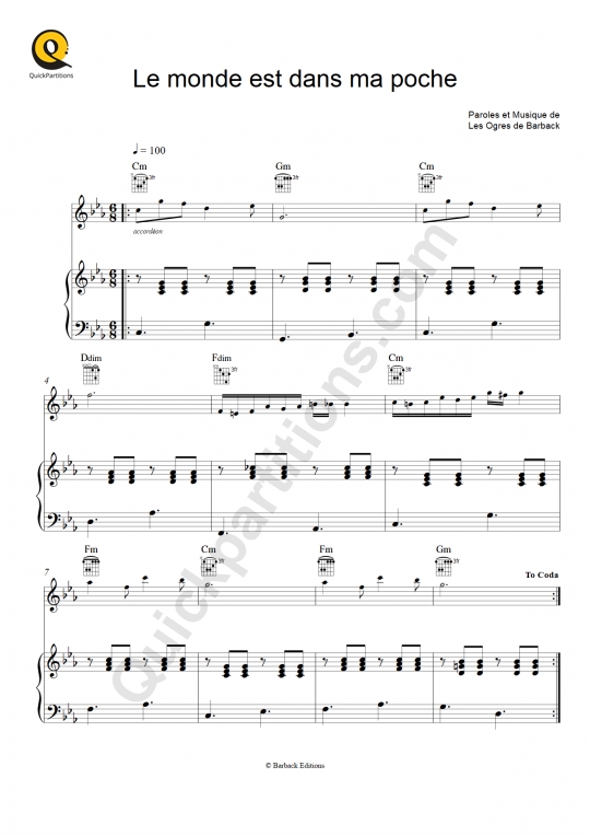Partition piano Le monde est dans ma poche - Pitt Ocha