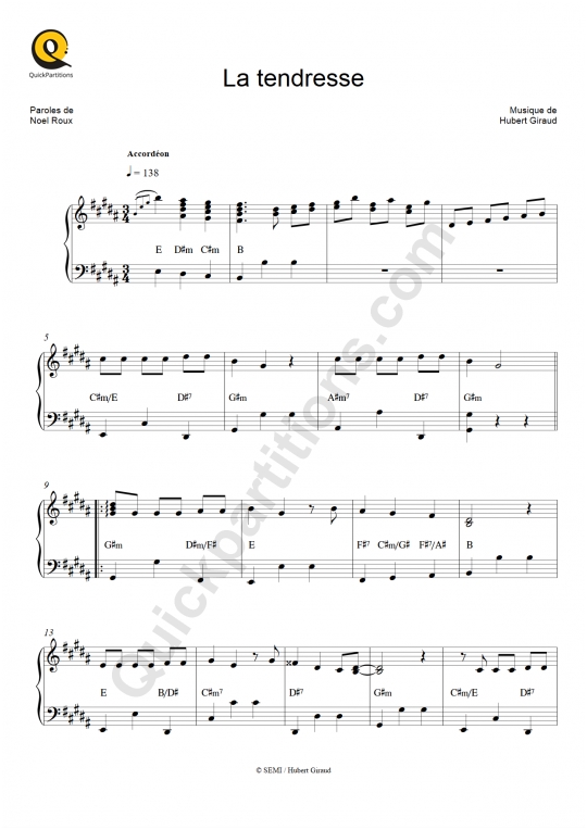 Partition accordéon La tendresse - Bourvil