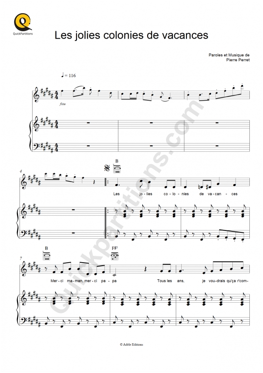 Partition piano Les jolies colonies de vacances - Pierre Perret