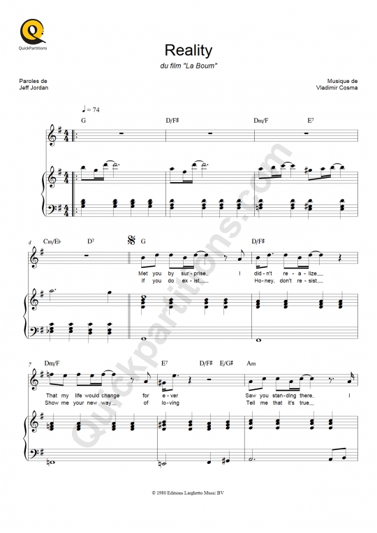 Partition piano Reality (La boum) - Richard Sanderson