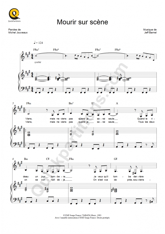Partition piano Mourir sur scène - Dalida