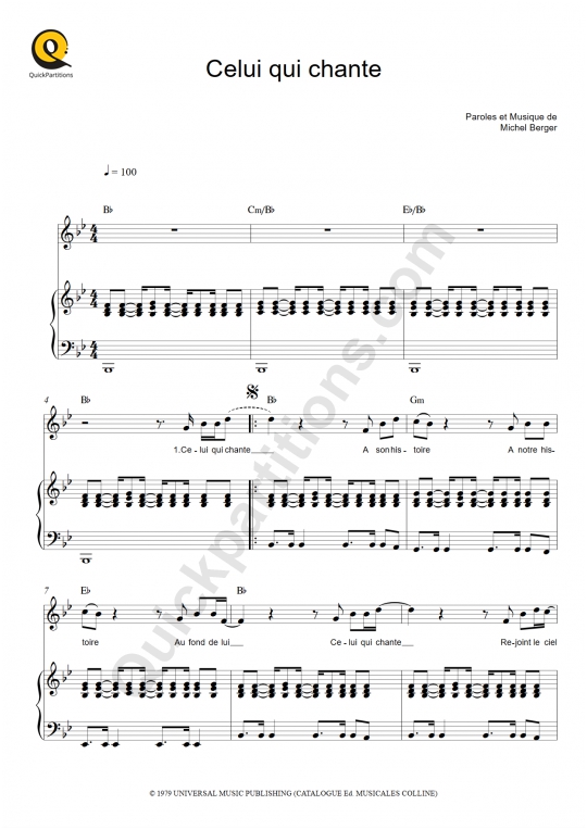 Partition piano Celui qui chante - Michel Berger