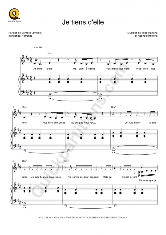 Partition piano Je tiens d'elle - Bernard Lavilliers