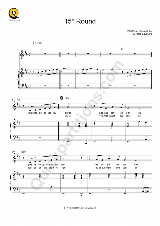 Partition piano 15° Round - Bernard Lavilliers