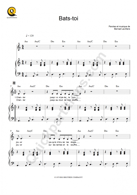 Partition piano Bats-toi - Bernard Lavilliers
