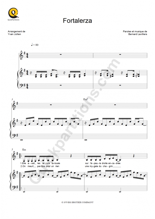 Partition piano Fortalerza - Bernard Lavilliers