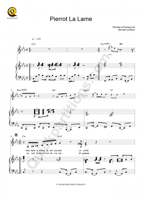 Partition piano Pierrot La Lame - Bernard Lavilliers
