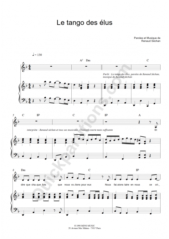 Partition piano Le tango des élus - Renaud