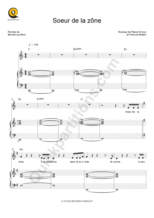 Partition piano Soeur de la zône - Bernard Lavilliers