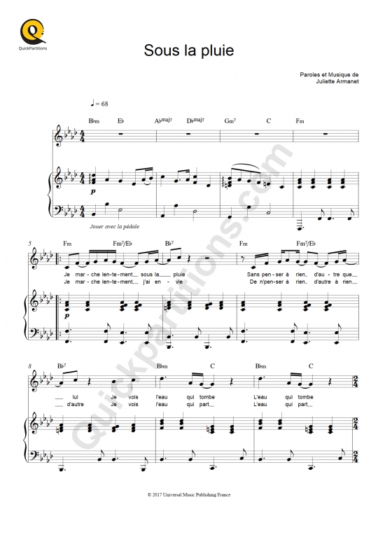 Partition piano Sous la pluie - Juliette Armanet