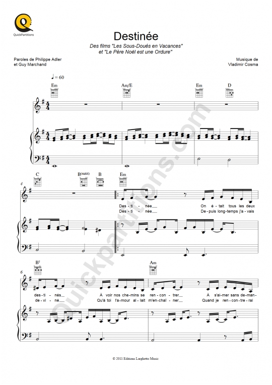 Partition piano Destinée (Le Père Noël est une ordure) - Guy Marchand
