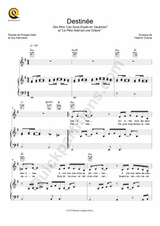 Partition piano Destinée (Le Père Noël est une ordure) - Guy Marchand