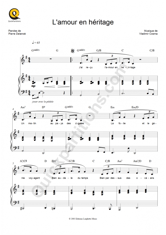 Partition piano L'amour en héritage - Nana Mouskouri