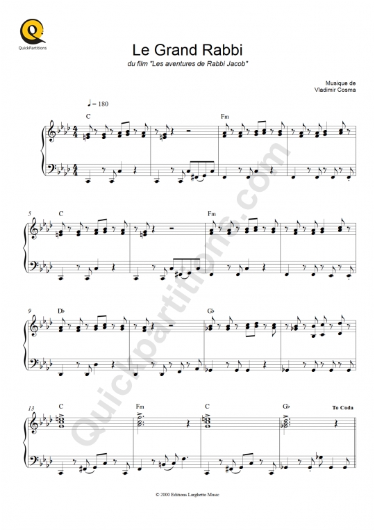 Partition piano Le Grand Rabbi (Les aventures de Rabbi Jacob) - Vladimir Cosma