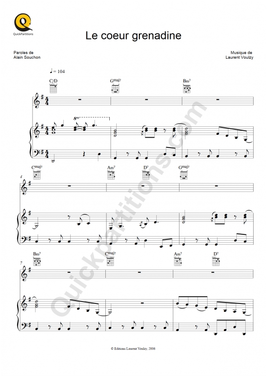 Partition piano Le coeur grenadine - Laurent Voulzy