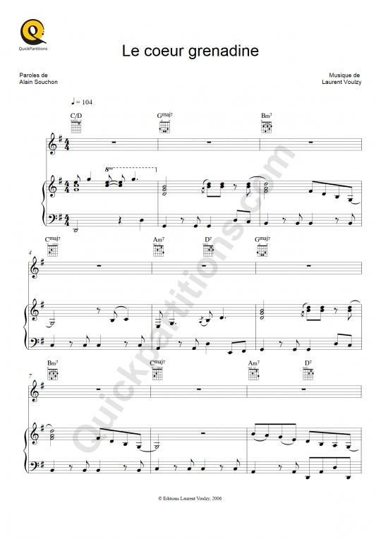 Partition piano Le coeur grenadine - Laurent Voulzy