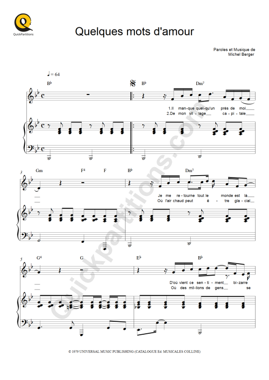 Quelques mots d'amour Piano Sheet Music - Michel Berger