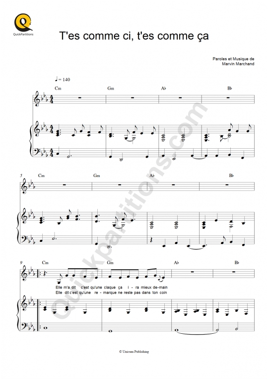 Partition piano T'es comme ci, t'es comme ça - Marvin Marchand