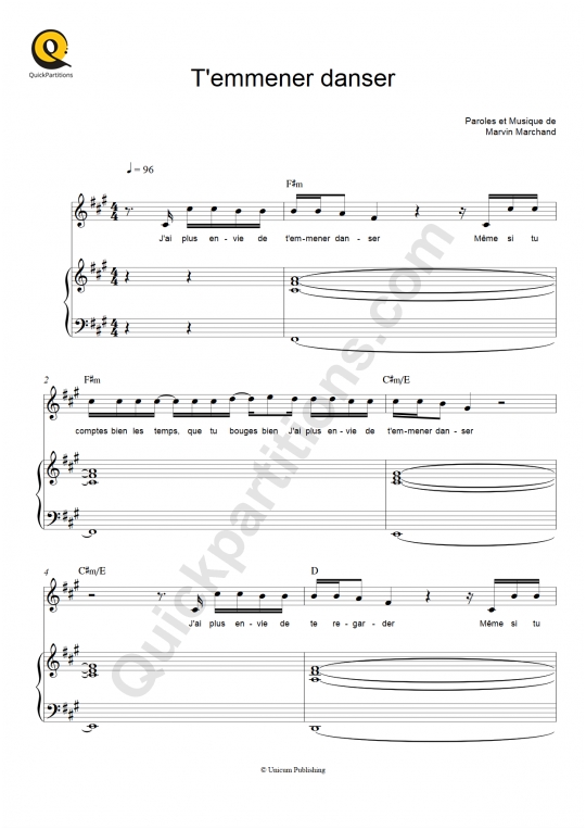 Partition piano T'emmener danser - Marvin Marchand