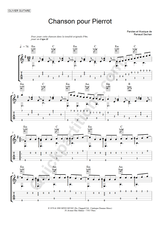 Chanson pour Pierrot Guitar Tab - Olivier Gaucher