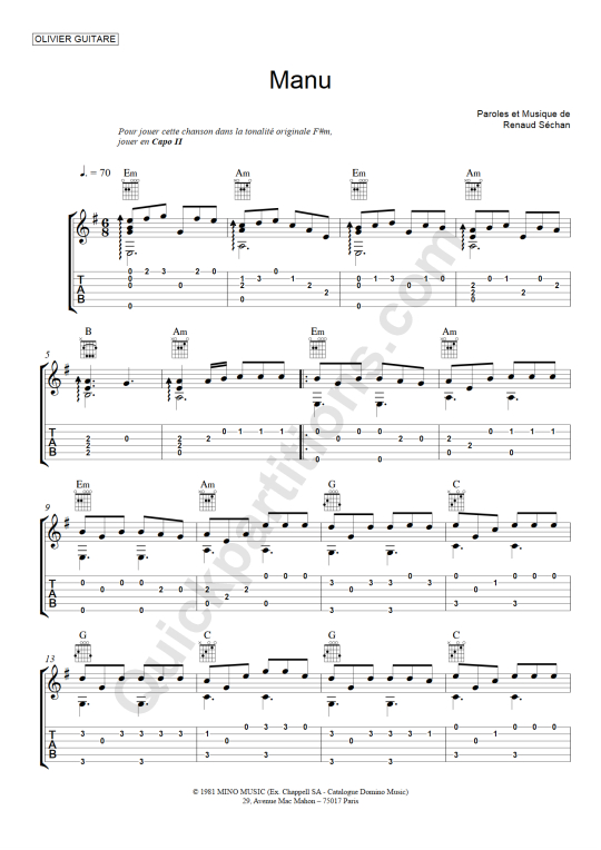 Manu Guitar Tab - Olivier Gaucher