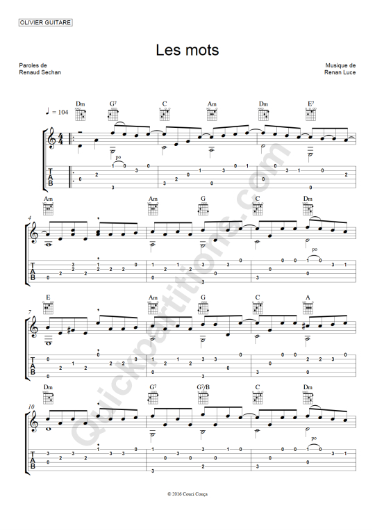 Les mots Guitar Tab - Olivier Gaucher