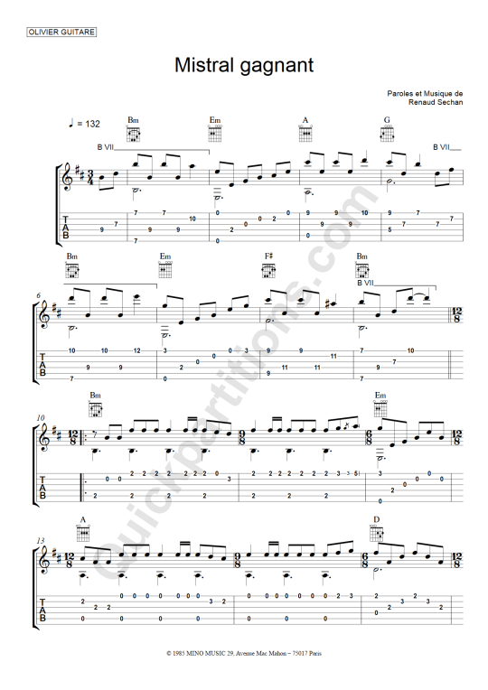 Mistral Gagnant Guitar Tab - Olivier Gaucher