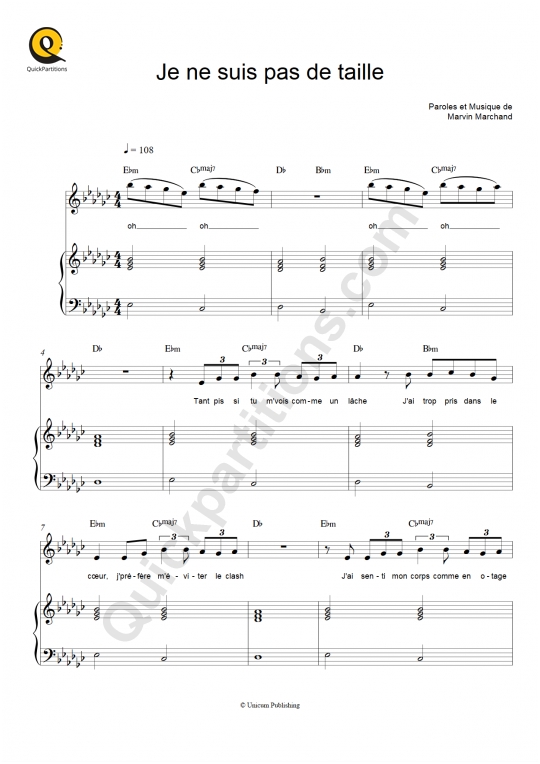 Partition piano Je ne suis pas de taille - Marvin Marchand