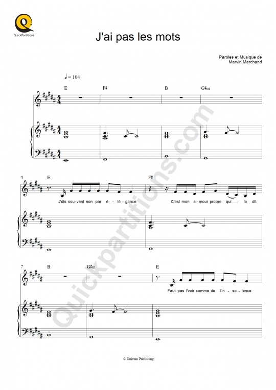 J'ai pas les mots Piano Sheet Music - Marvin Marchand