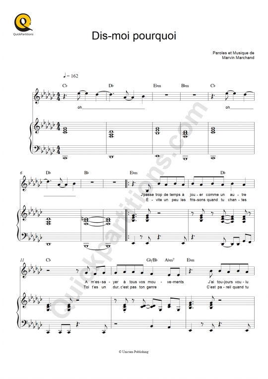 Partition piano Dis-moi pourquoi - Marvin Marchand