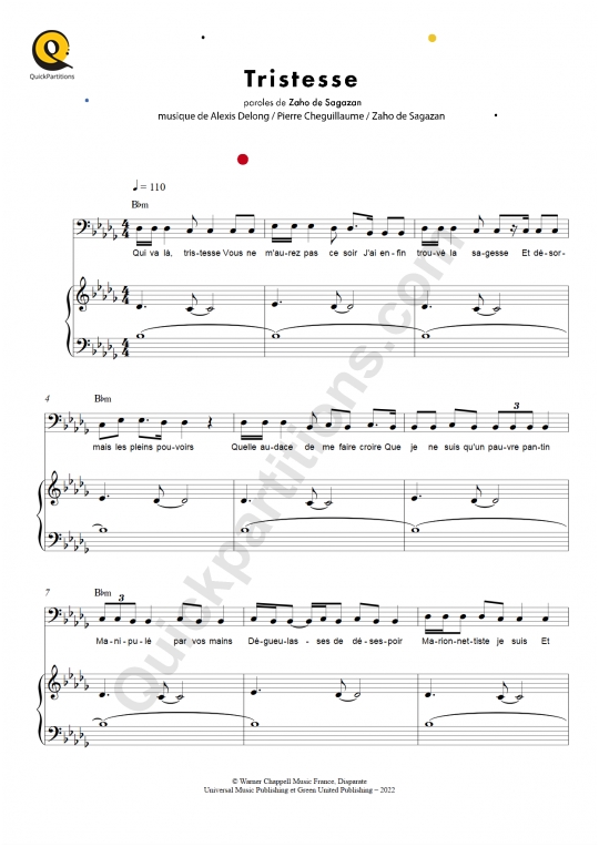 Partition piano Tristesse - Zaho De Sagazan