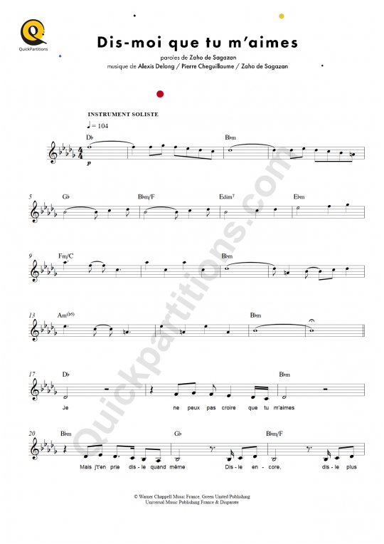 Partition pour Instruments Solistes Dis-moi que tu m'aimes - Zaho De Sagazan