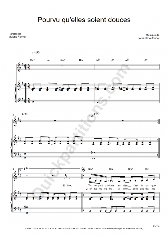 Pourvu qu'elles soient douces Piano Sheet Music - Mylène Farmer
