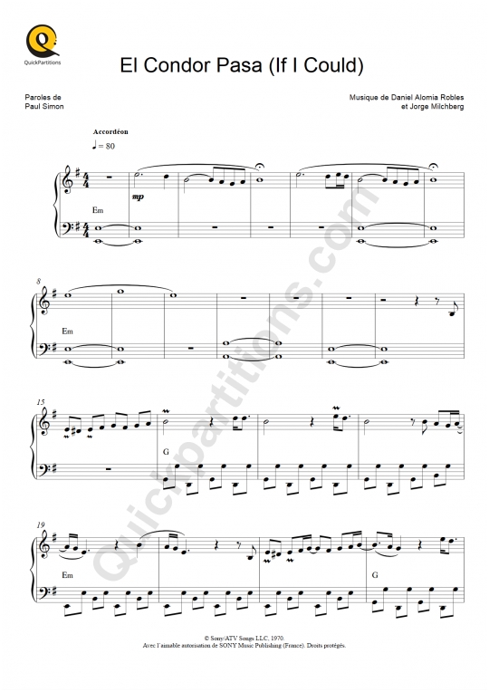 Partition accordéon El Condor Pasa (If I Could)  - Simon and Garfunkel