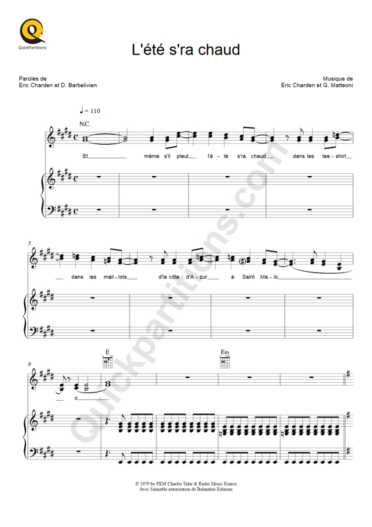 Partition piano L'été s'ra chaud - Eric Charden